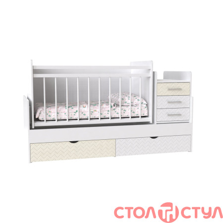 Кровать Binky ДС039 (3 в 1) корпус аляска фасад дуб немо латте + белый супермат МДФ решетка белая