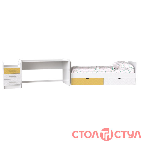 Кровать Binky ДС039 (3 в 1) корпус аляска фасад дуб немо латте + белый супермат МДФ решетка белая