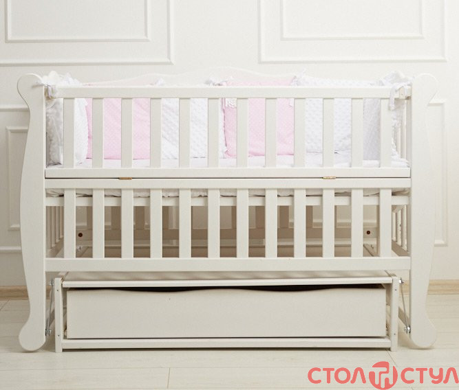 Детская кровать Natali белая с откидной стороной с ящиком